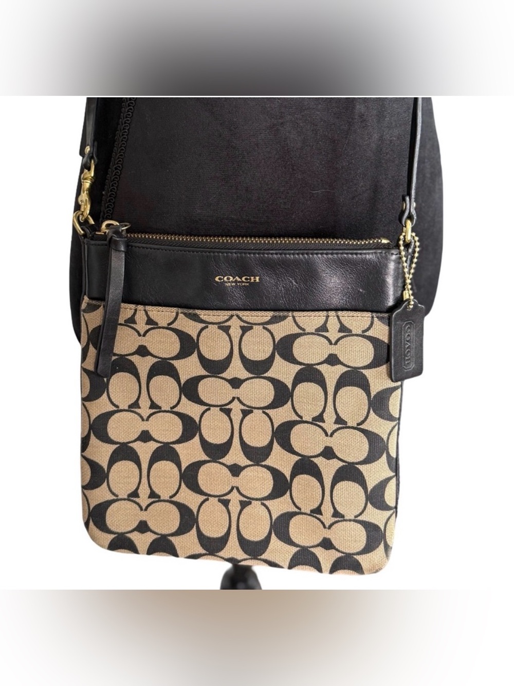 Coach Black and Tan Signature Crossbody Sling